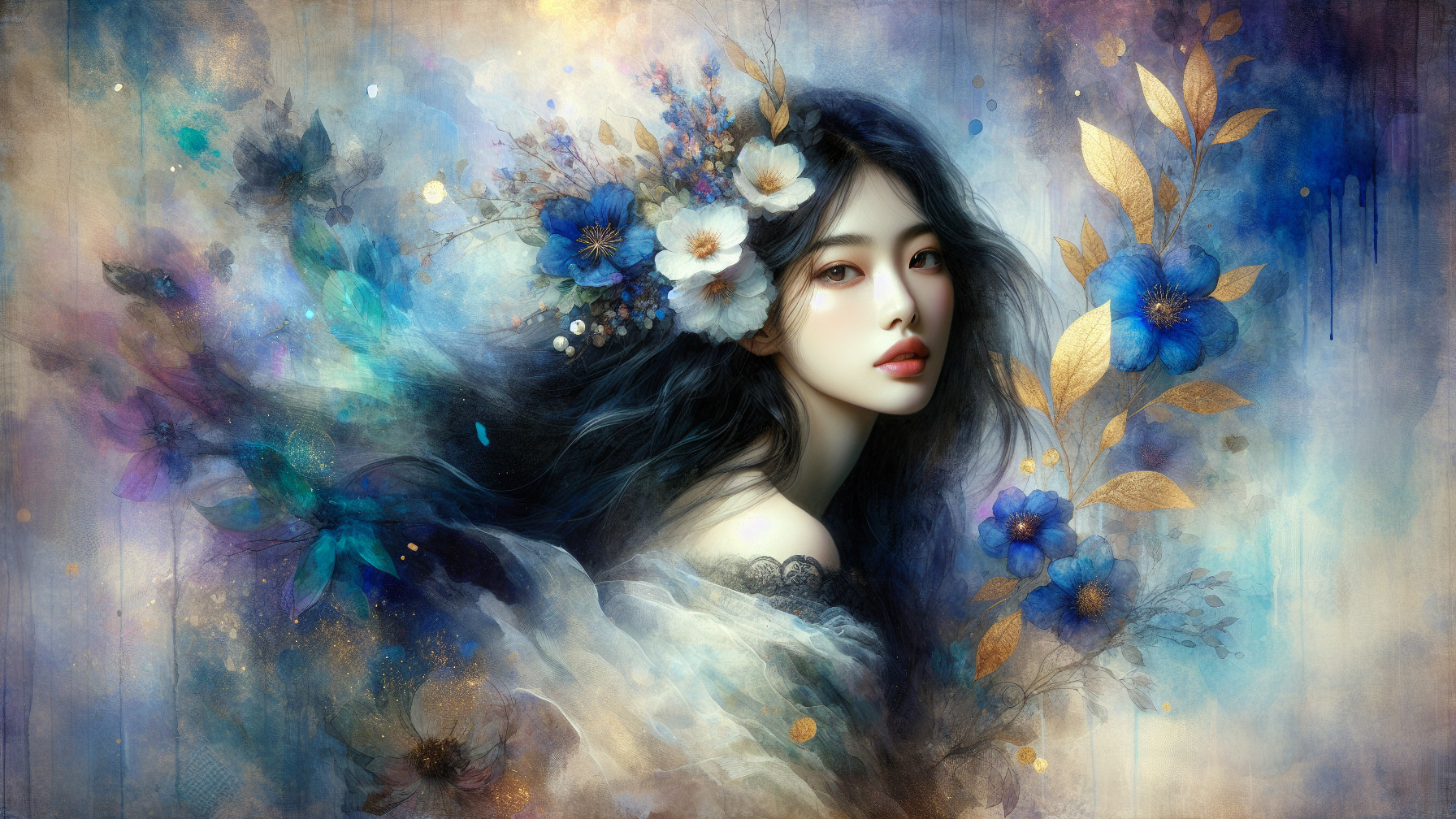 Woman with Black Hair and Floral Background