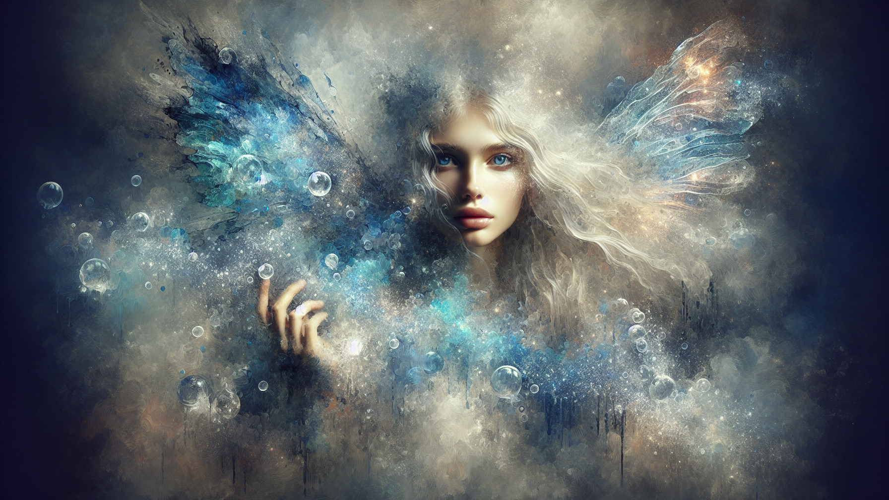 Mystical Figure with Ethereal Hair and Wings