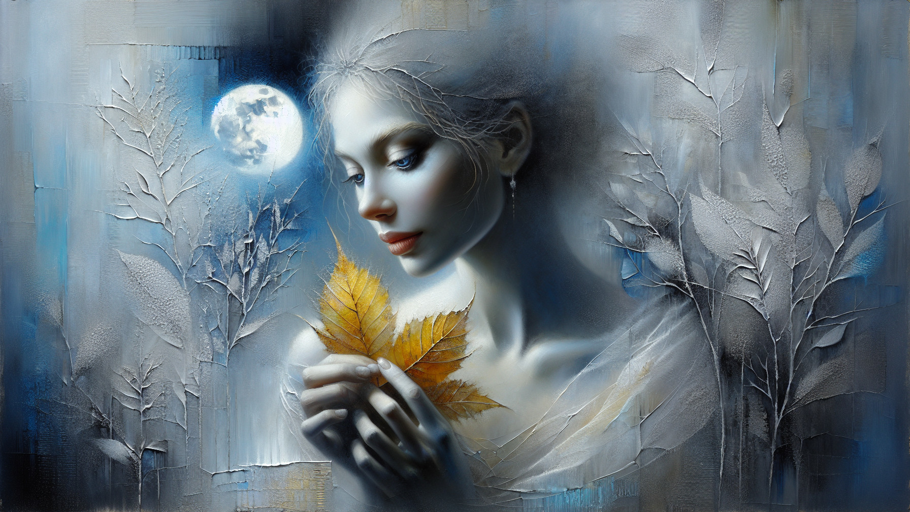Serene Portrait of a Woman with Autumn Leaf and Moonlight