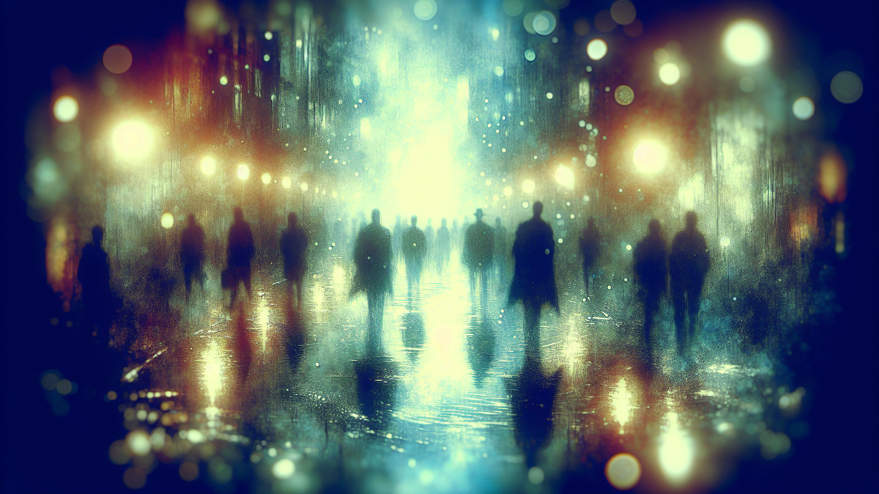 Mysterious Scene of Silhouetted Figures on Rainy Street