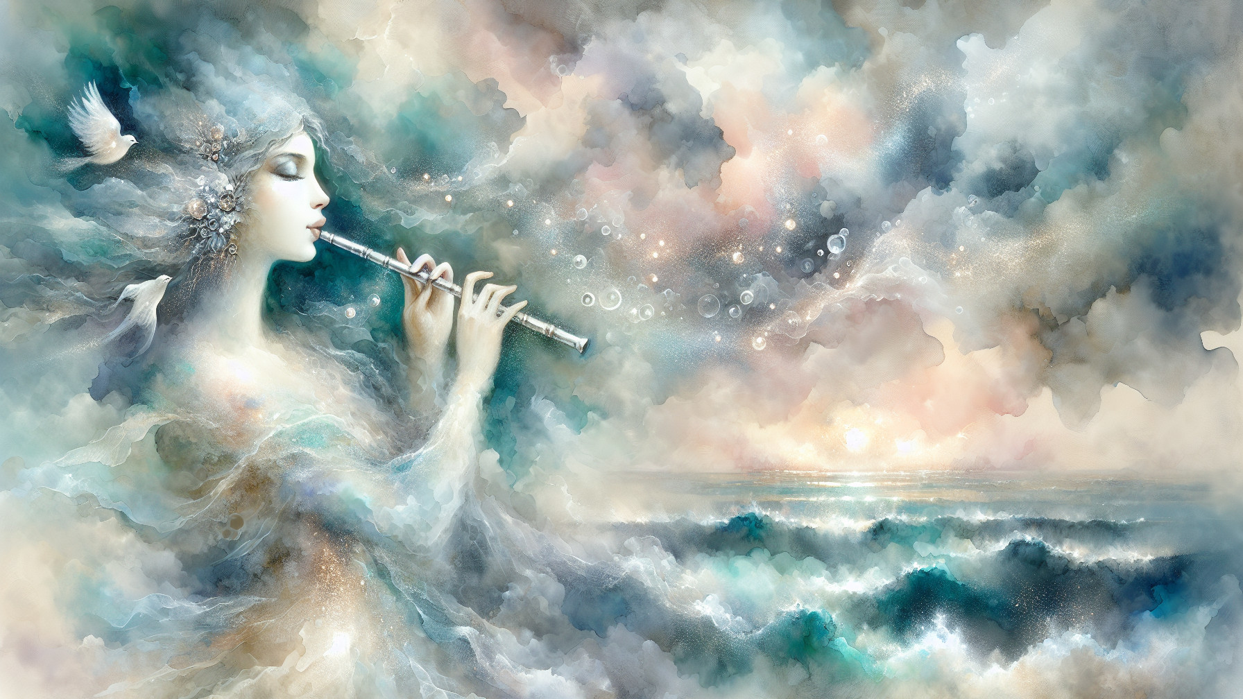 Ethereal Figure Playing Flute in Dreamy Seascape