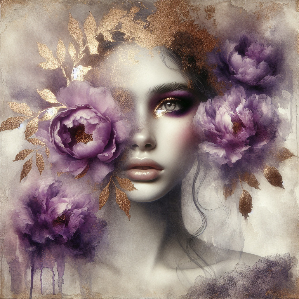 Close-up of a woman's face with purple peonies