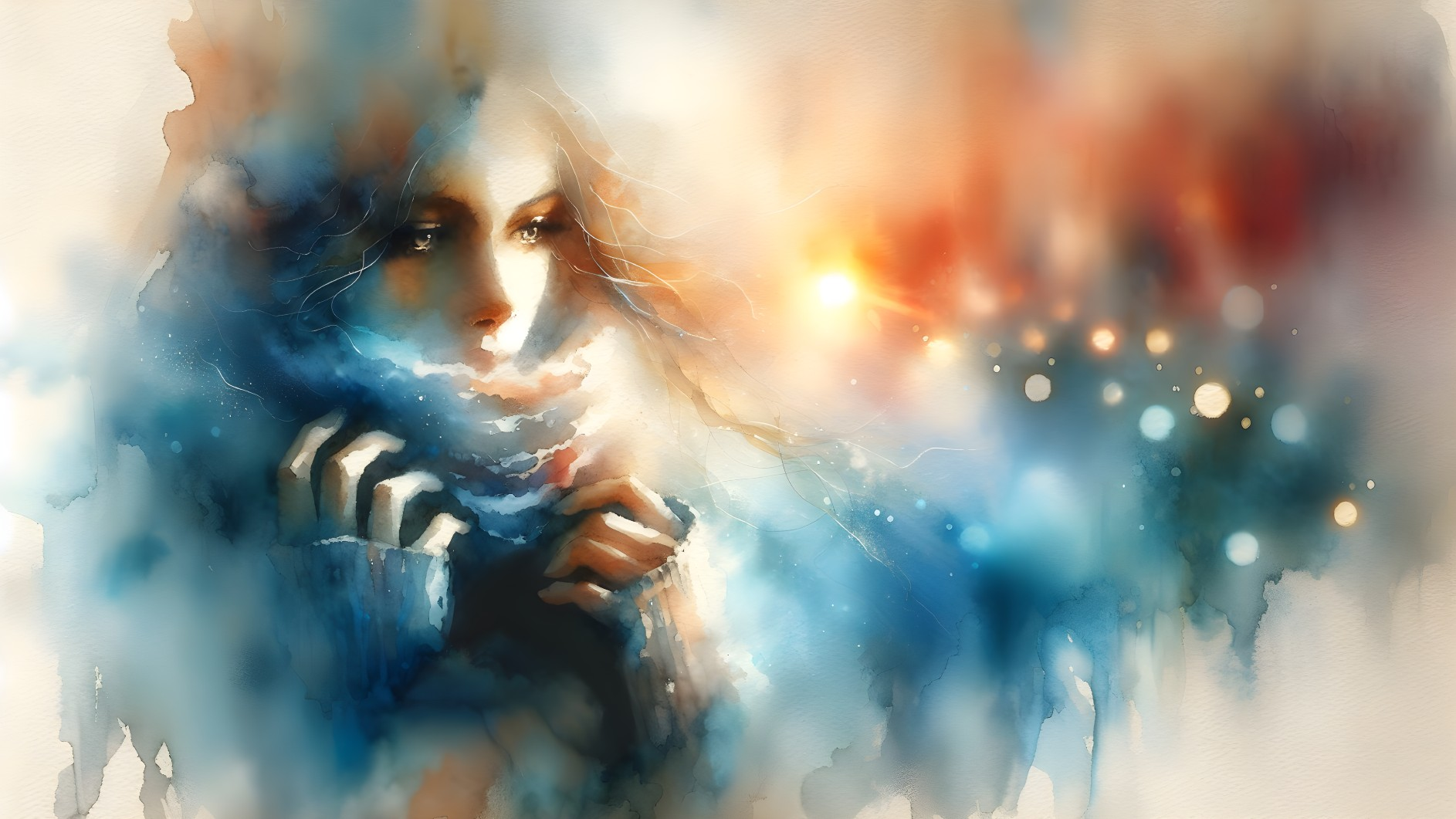Watercolor Portrait of a Contemplative Woman in Scarf