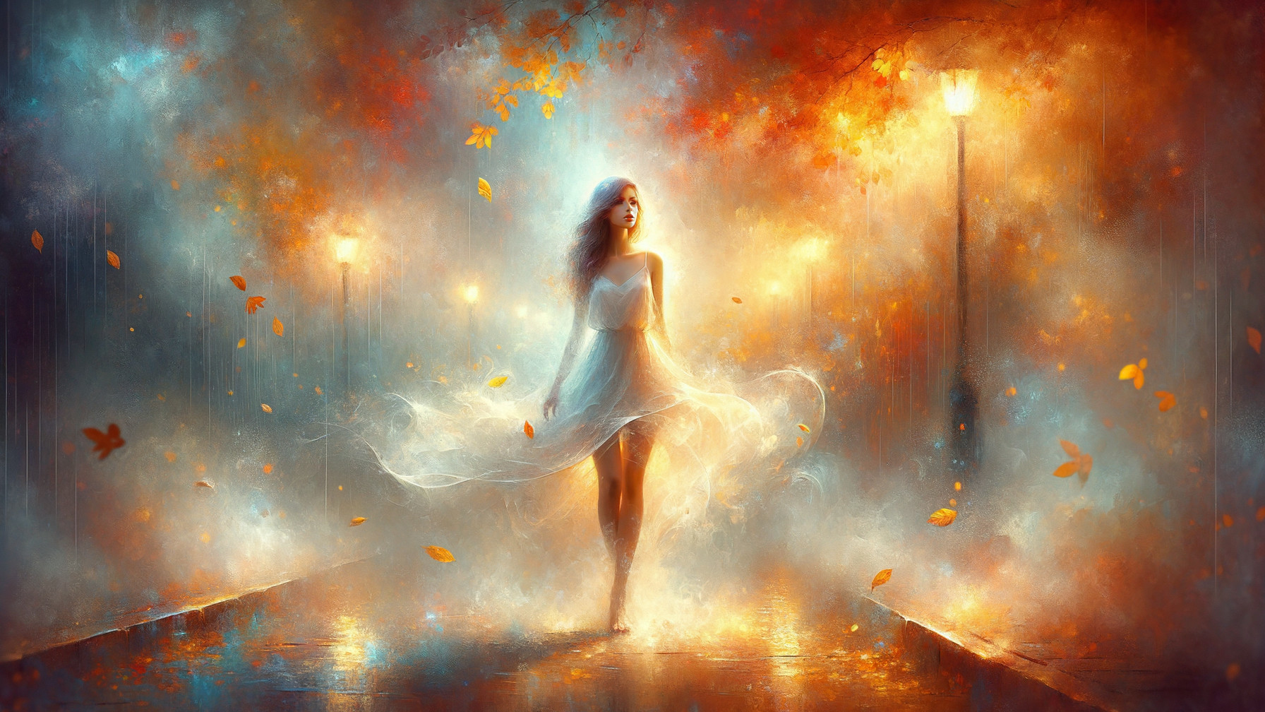 Ethereal Figure in White Dress Amidst Autumn Leaves