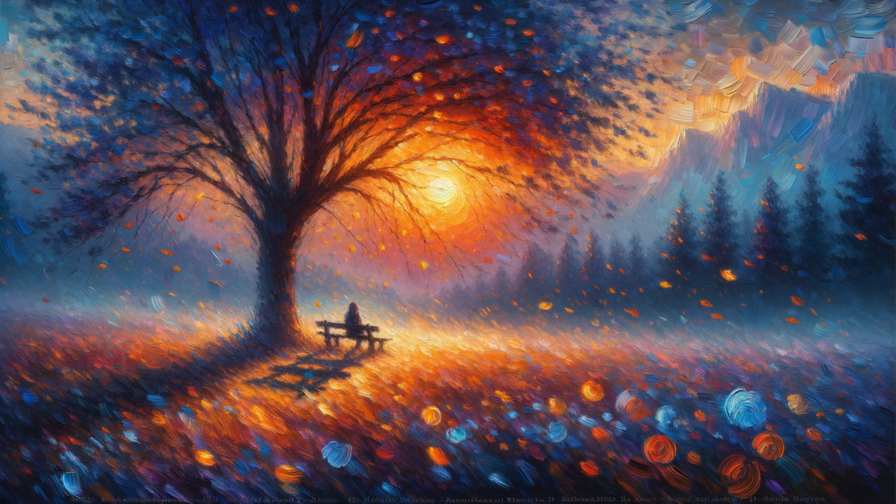 Serene landscape with a colorful tree at sunset