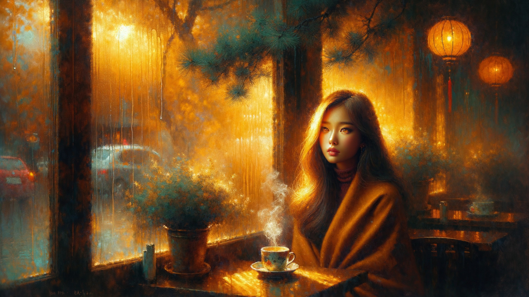 Cozy Indoor Scene with Woman by Window in Rain