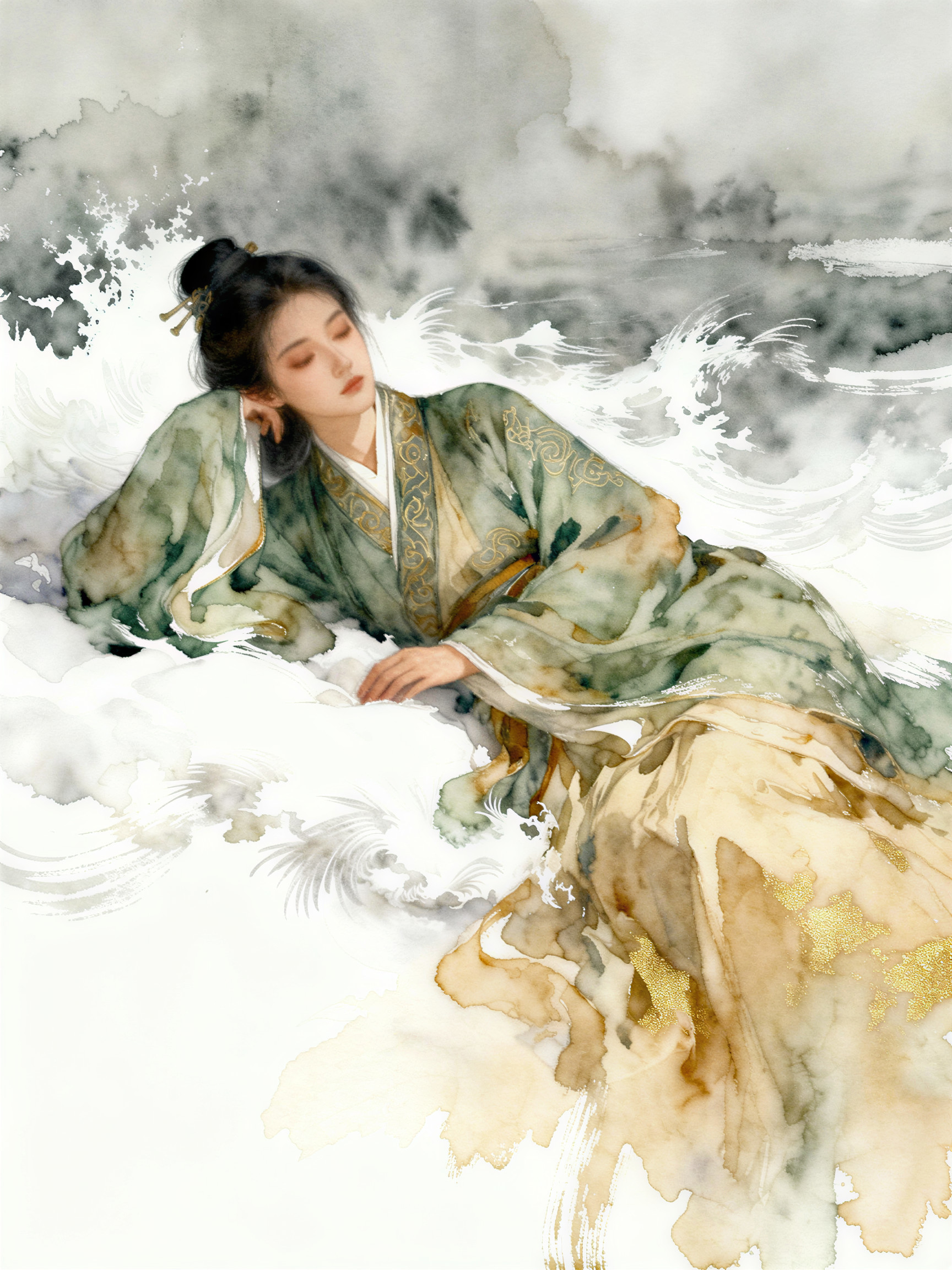 Serene figure in a flowing watercolor landscape