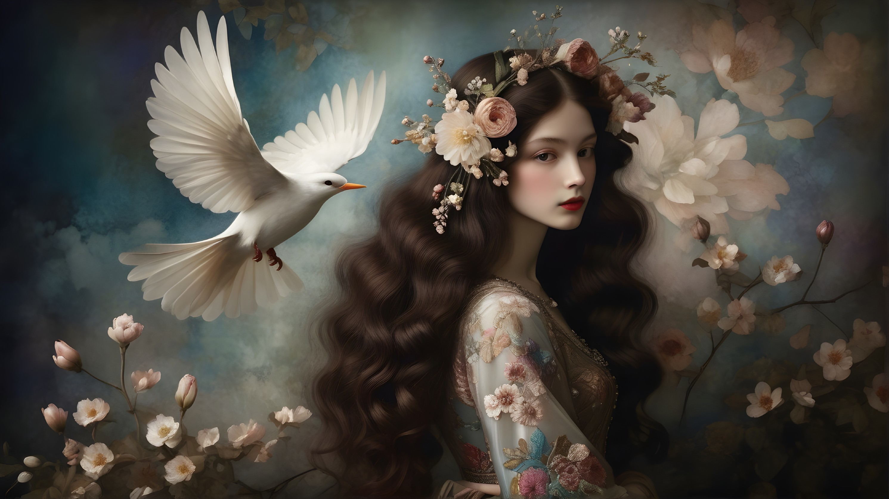 Young woman with flowers and dove in a floral setting