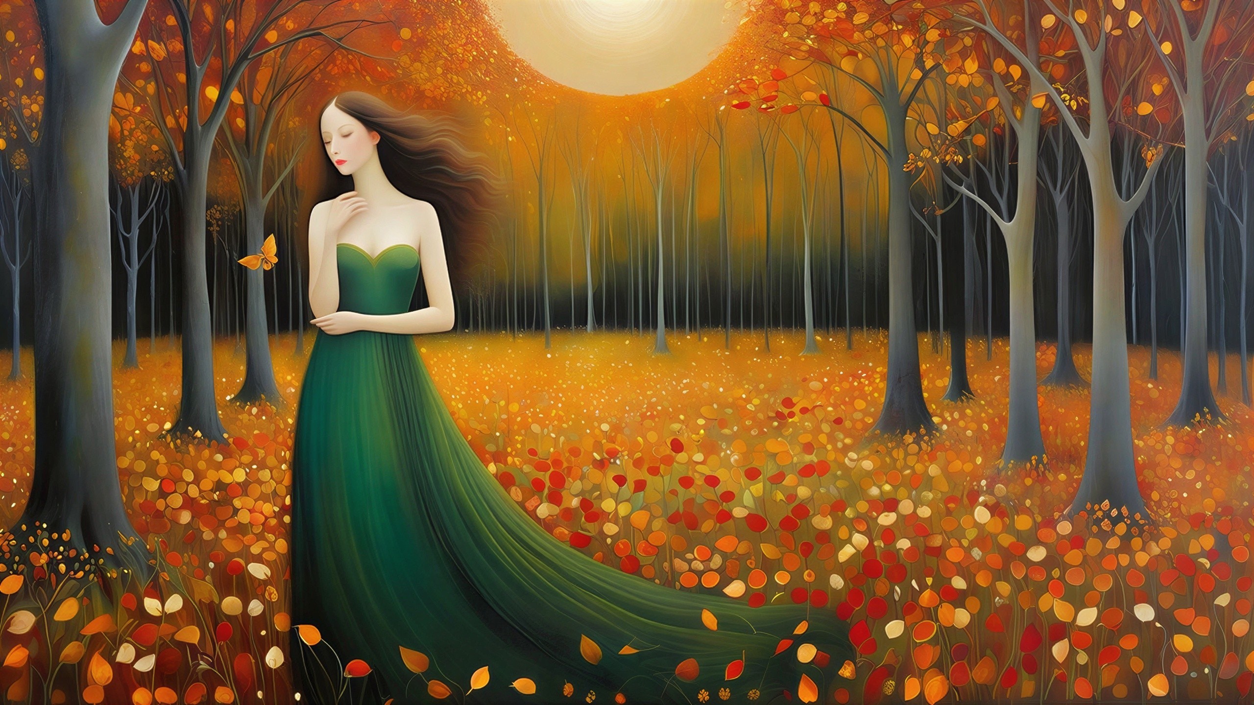 Woman in Green Dress in Autumn Forest Setting
