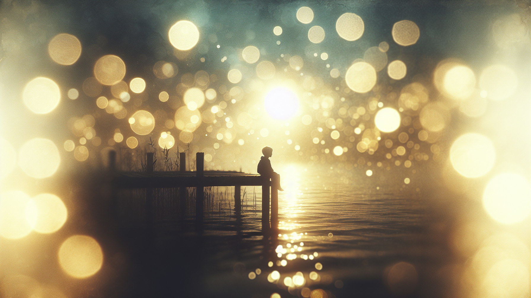Solitary Figure on Dock at Sunset Over Water