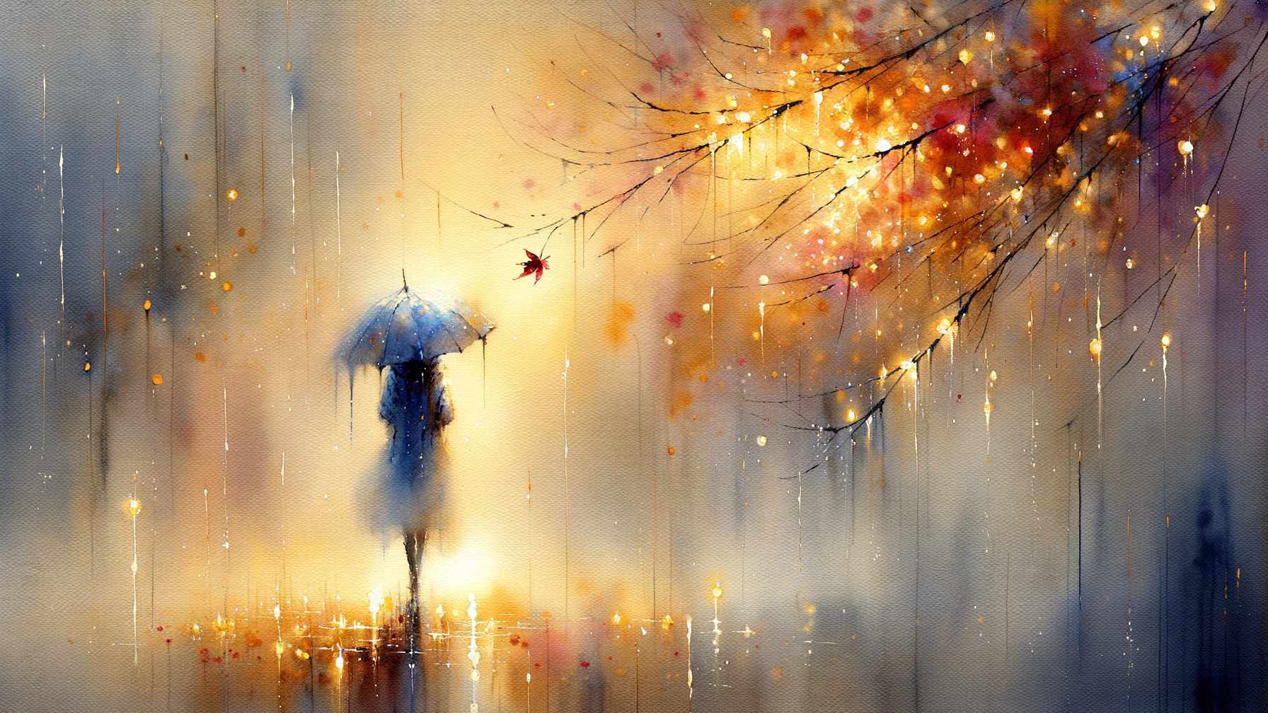Impressionistic Scene of Figure with Umbrella in Autumn