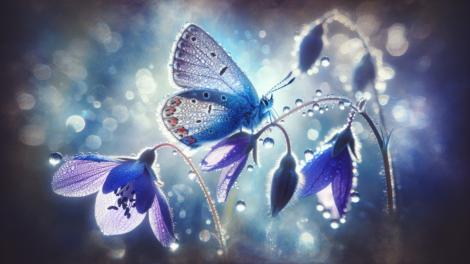 Blue Butterfly on Purple Flowers with Water Droplets