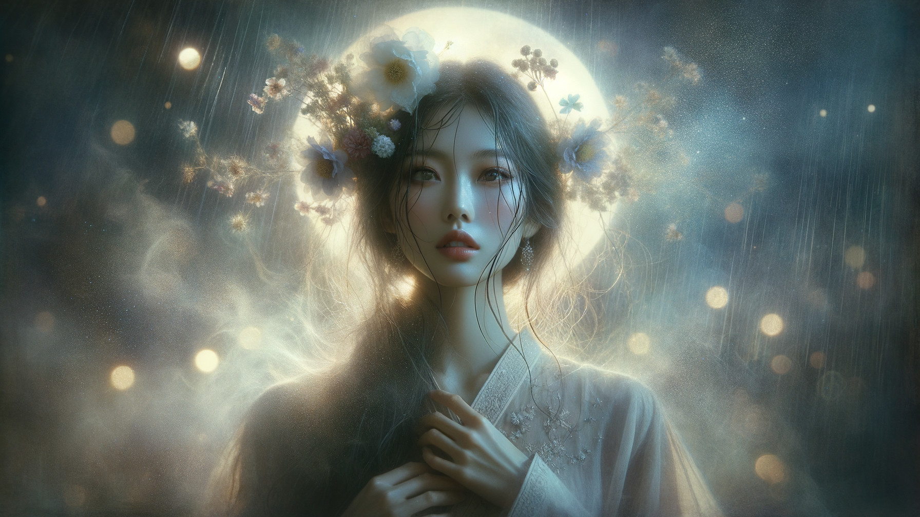 Serene woman with flower crown in moonlit glow