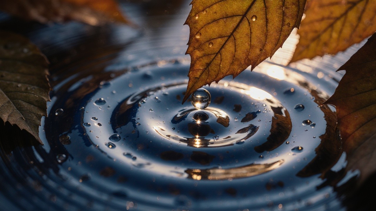 Close-up of Water Ripples with Autumn Leaves
