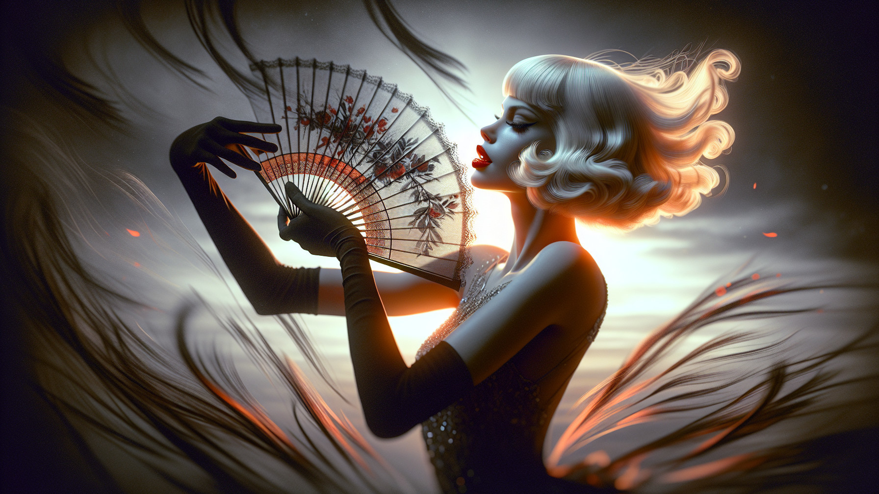 Glamorous Figure with Decorative Fan and Ethereal Elements
