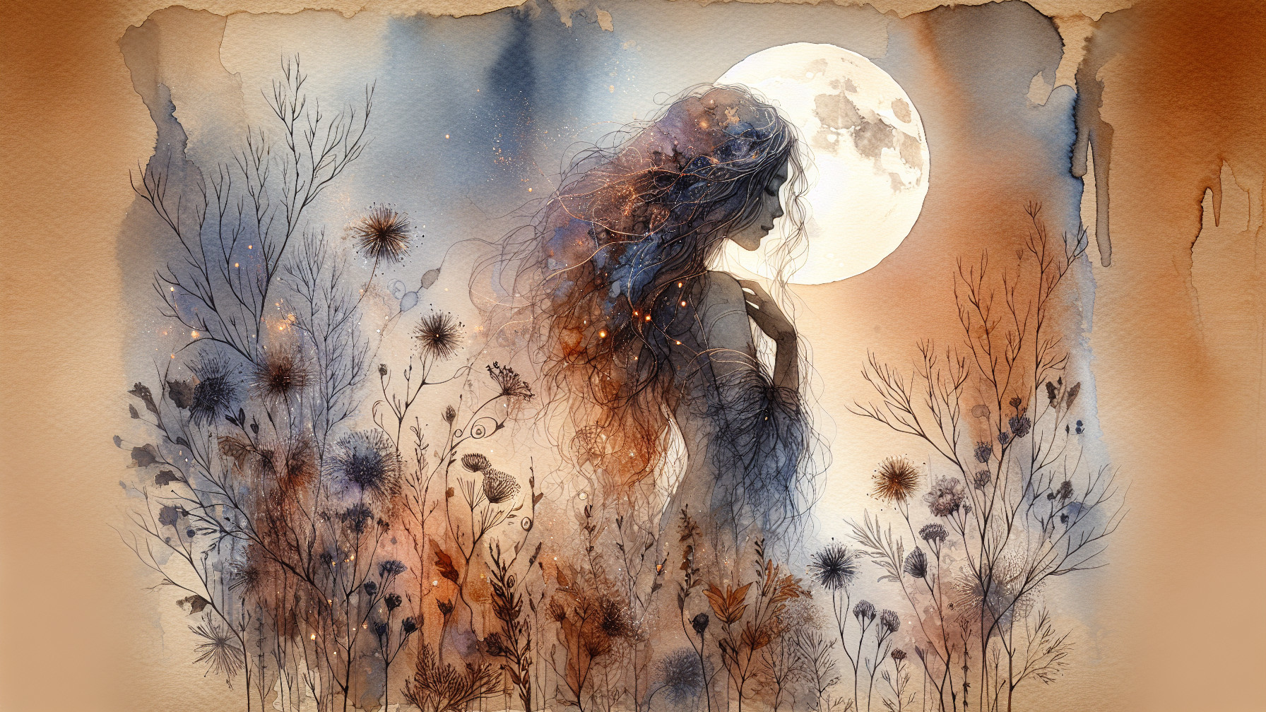Watercolor Illustration of Woman Silhouette and Moon
