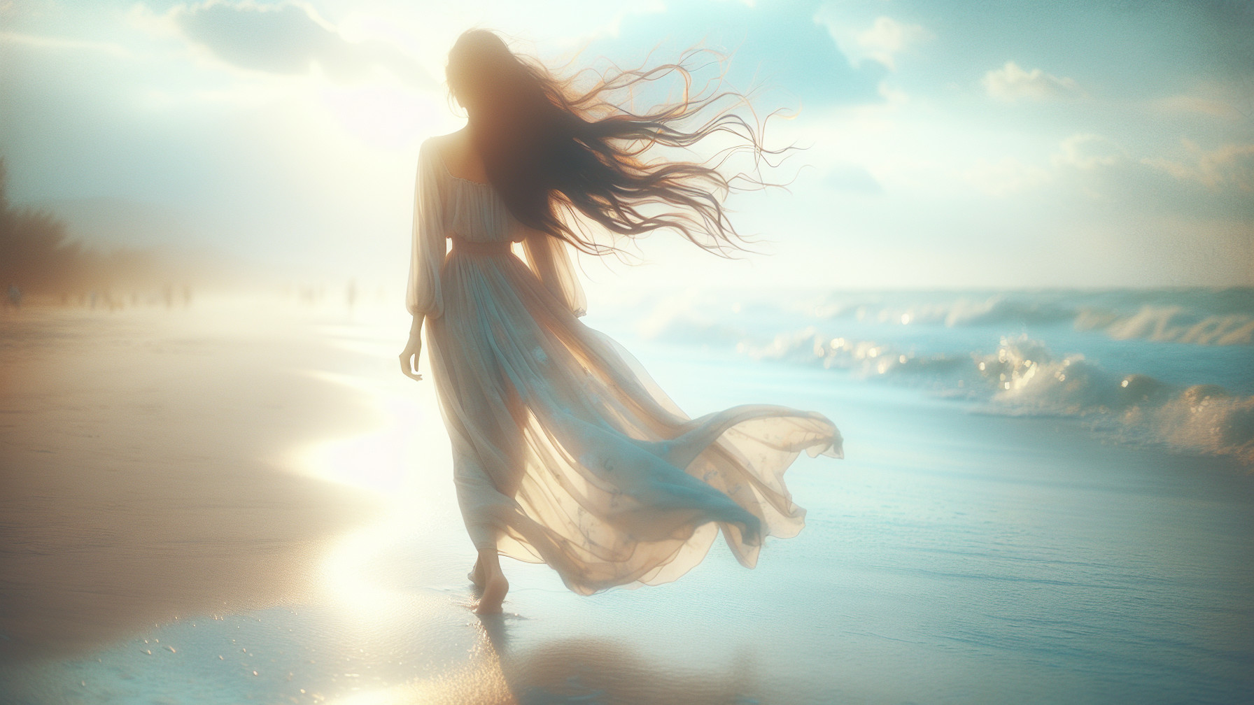 Figure in White Dress on Serene Beach at Sunset