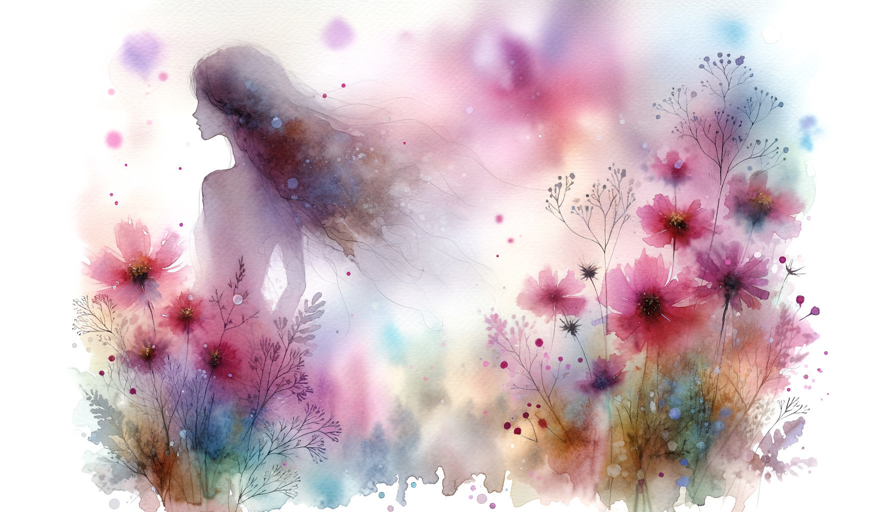 Watercolor Illustration of Woman with Flowing Hair