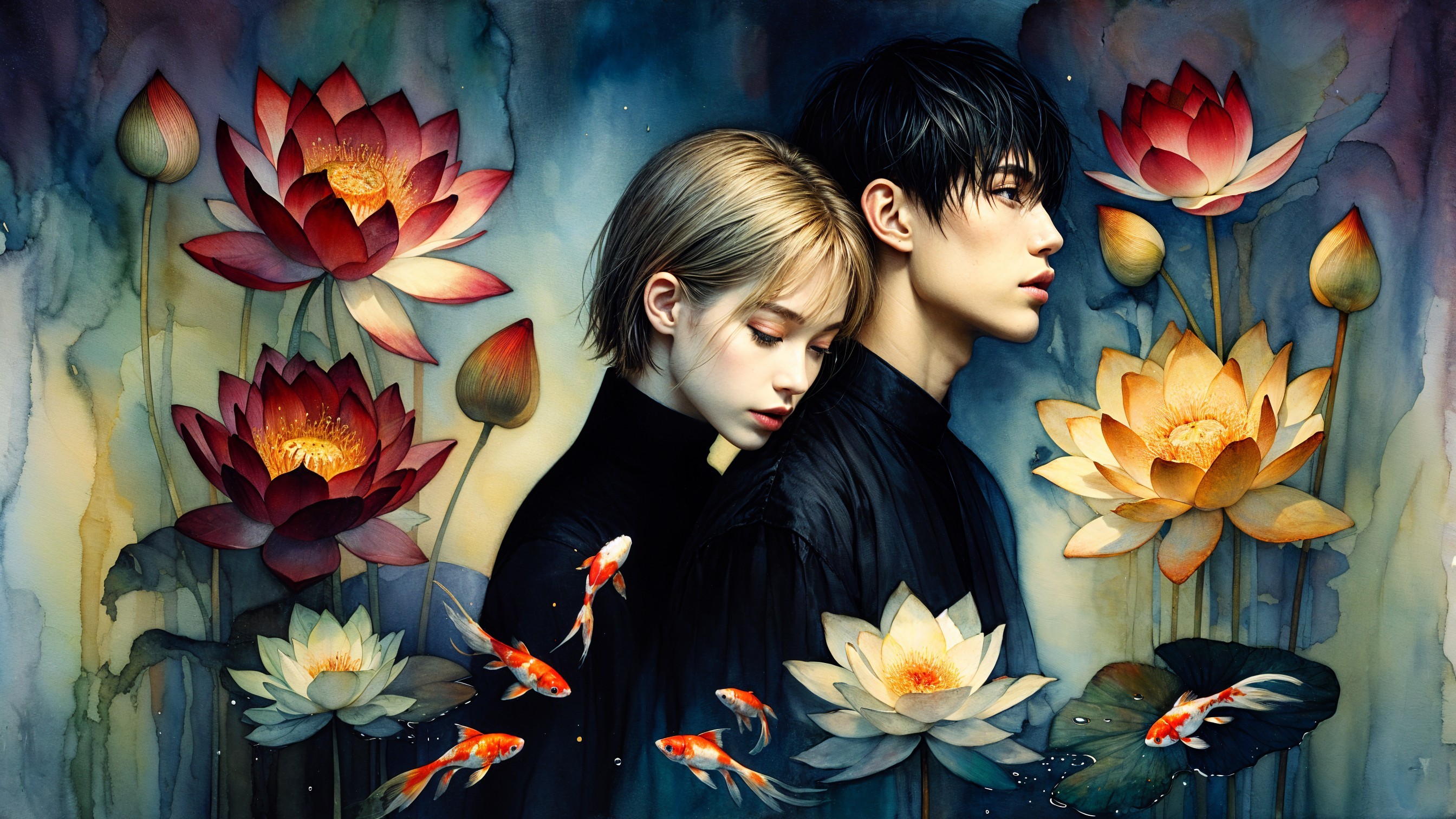 Watercolor Painting of Couple with Lotus and Koi Fish