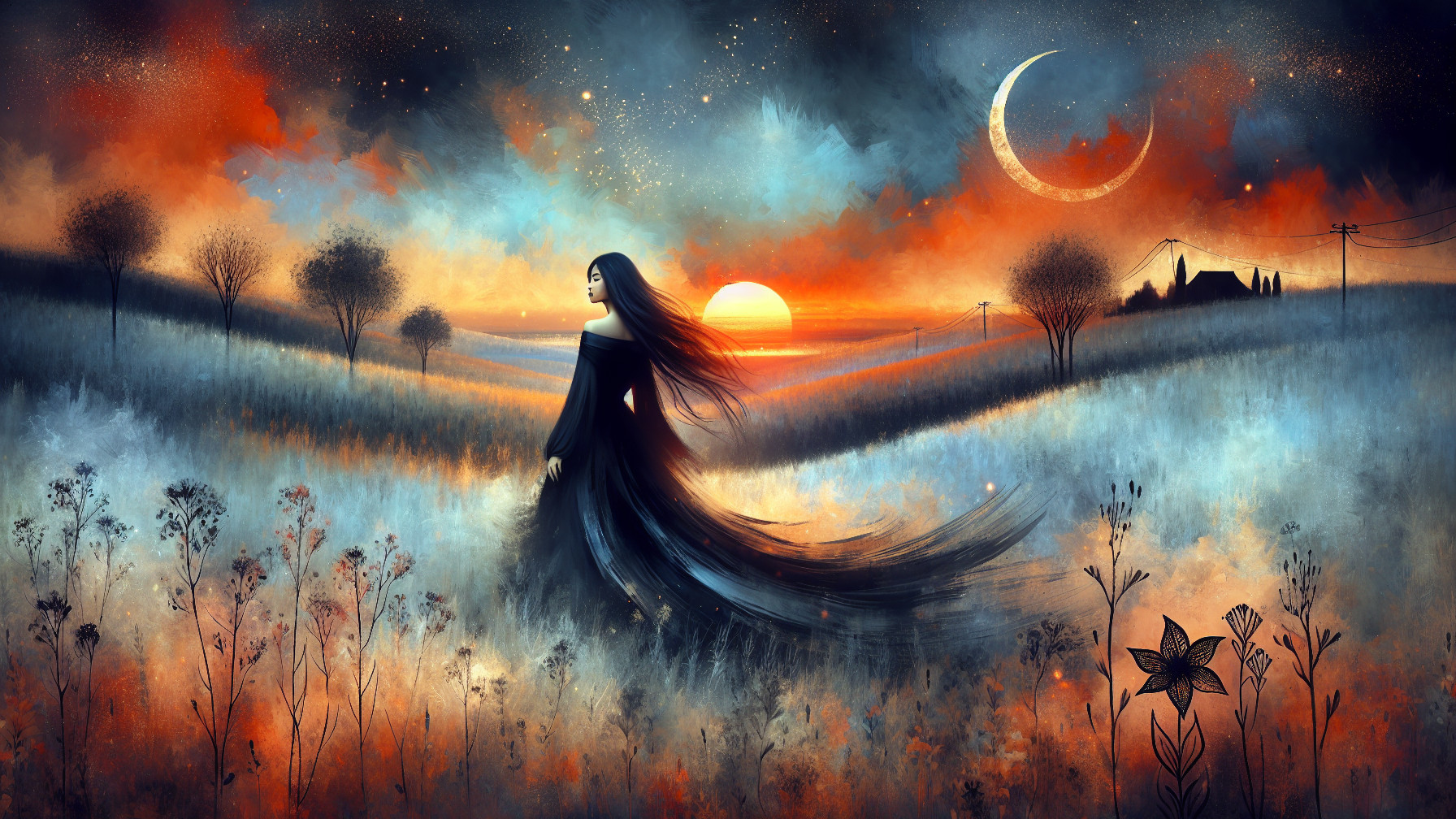 Serene Sunset Landscape with Elegant Figure and Flowers