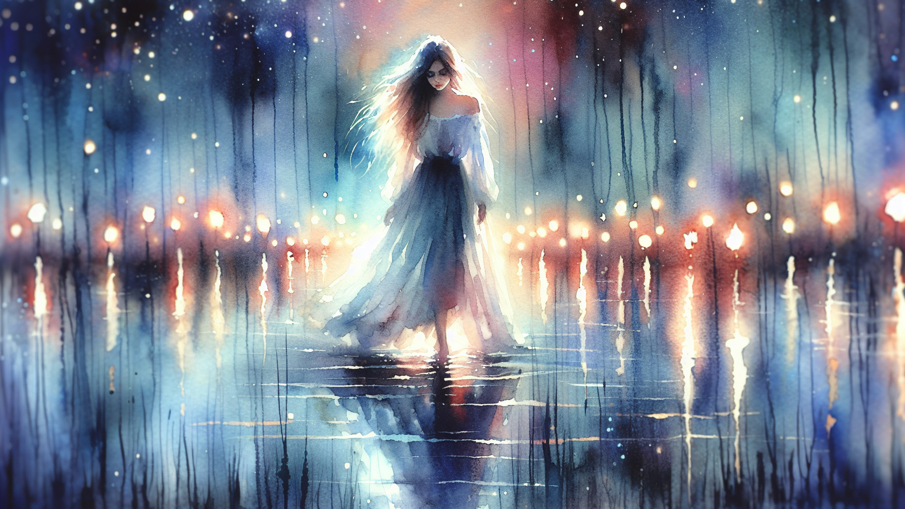 Ethereal Watercolor Scene of Figure on Reflective Water