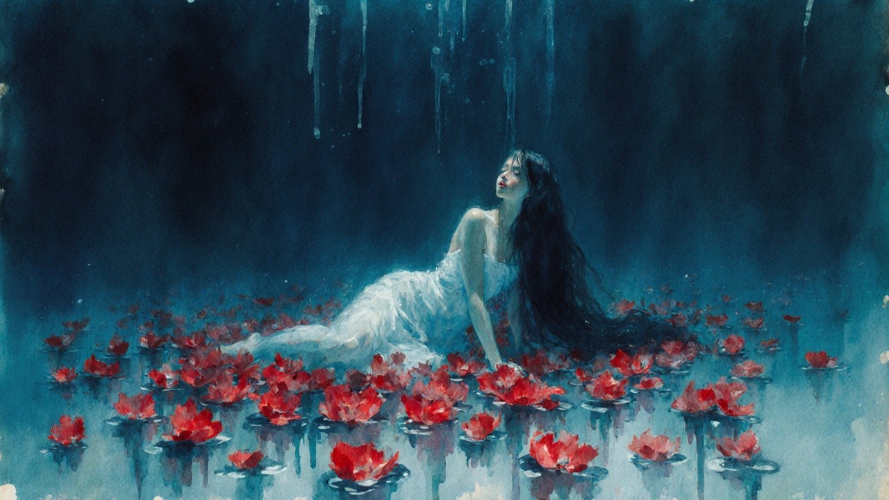 Young Woman in White Dress Surrounded by Lotus Flowers