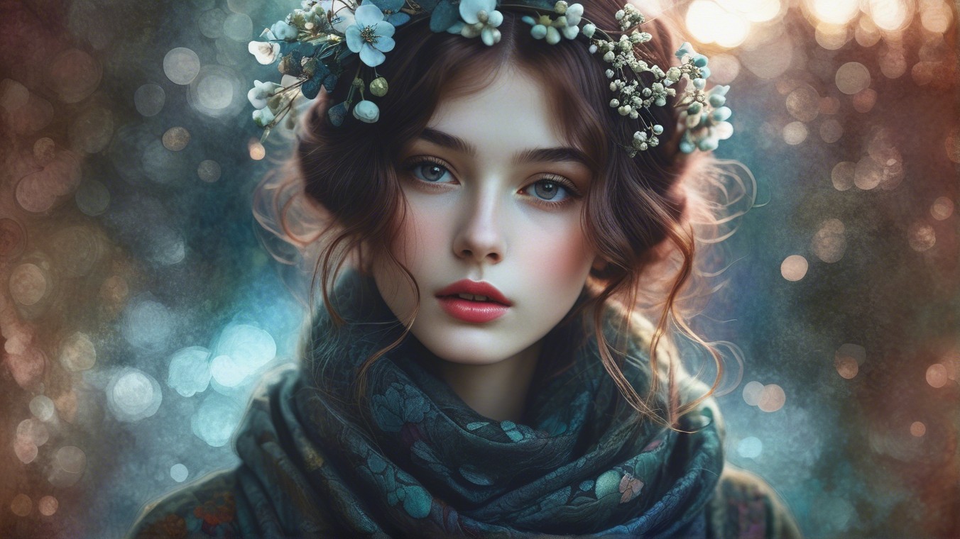 Young woman with floral crown and serene expression