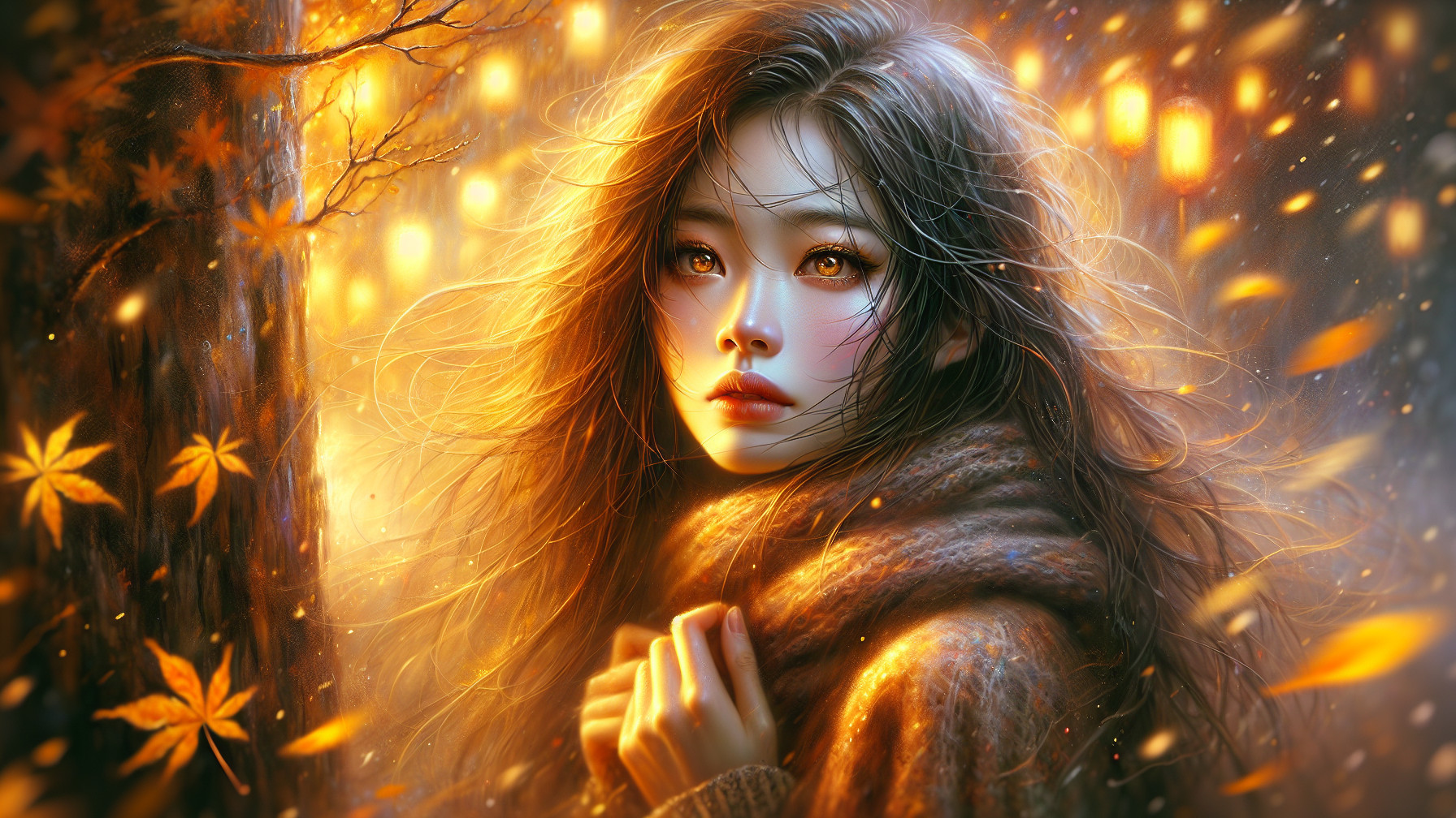 Young Woman in Serene Autumn Landscape with Lanterns