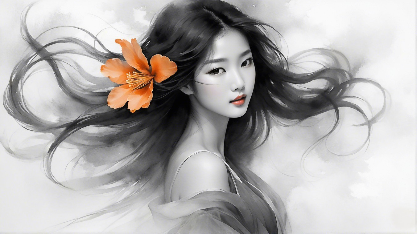 Woman with Dark Hair and Orange Flower in Watercolor