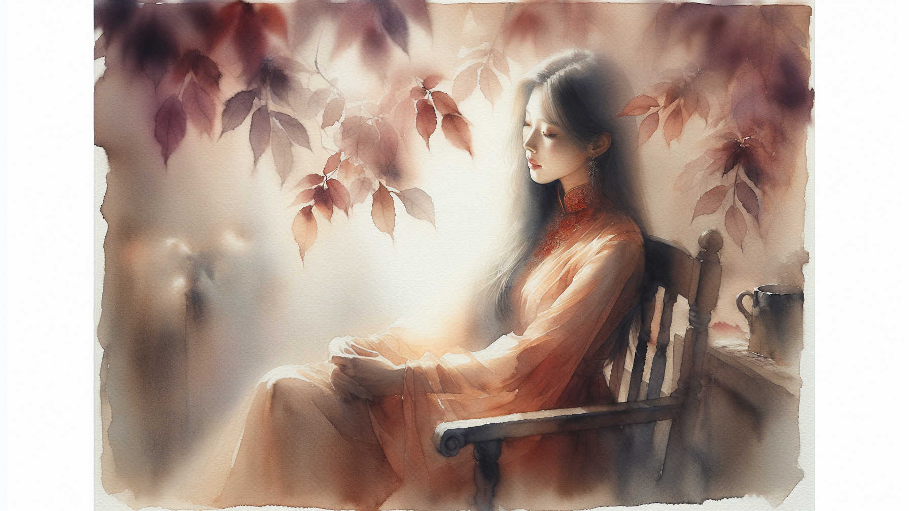 Watercolor Painting of a Young Woman in Autumn Setting