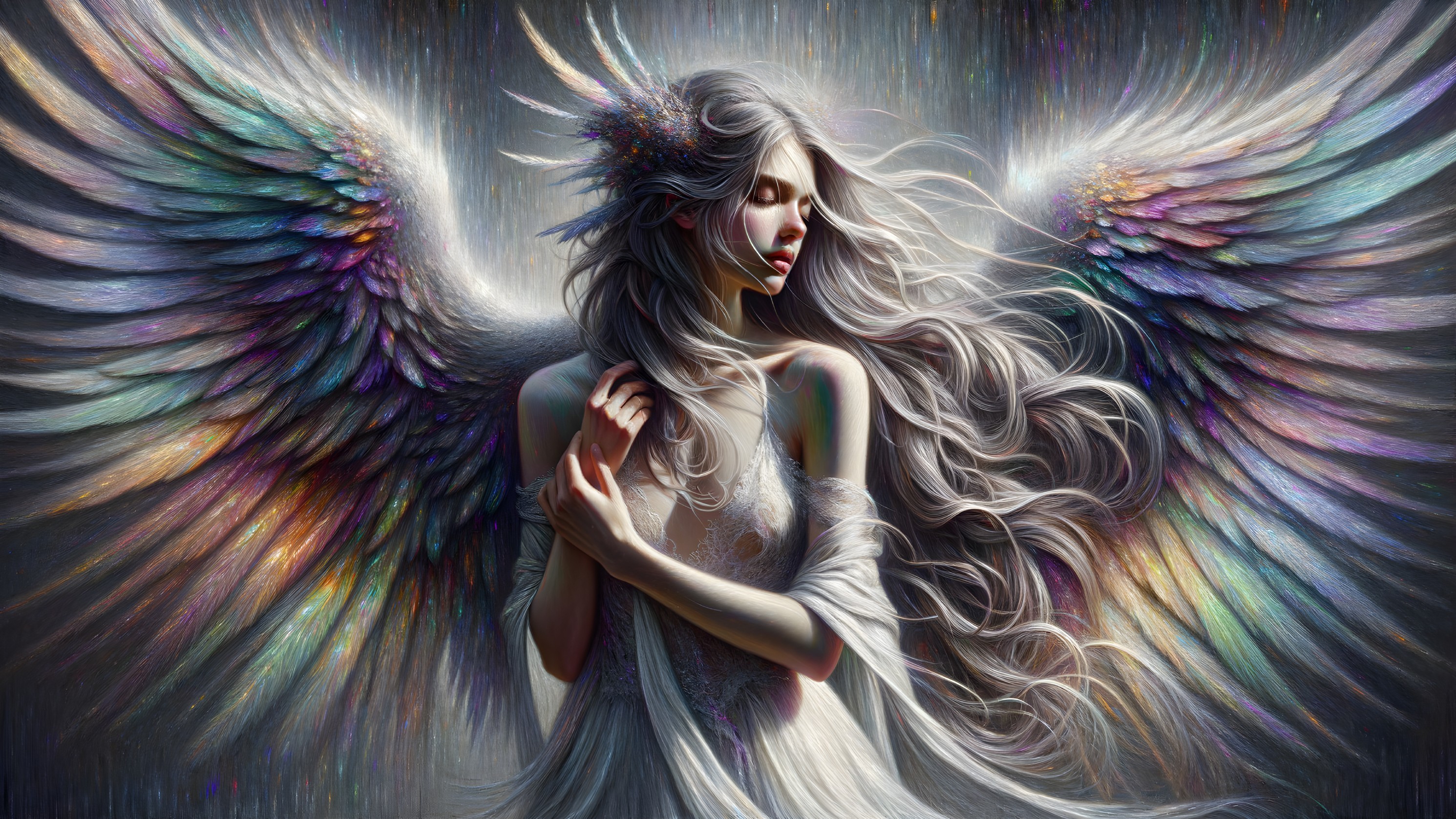 Ethereal Woman with Silver Hair and Multicolored Wings