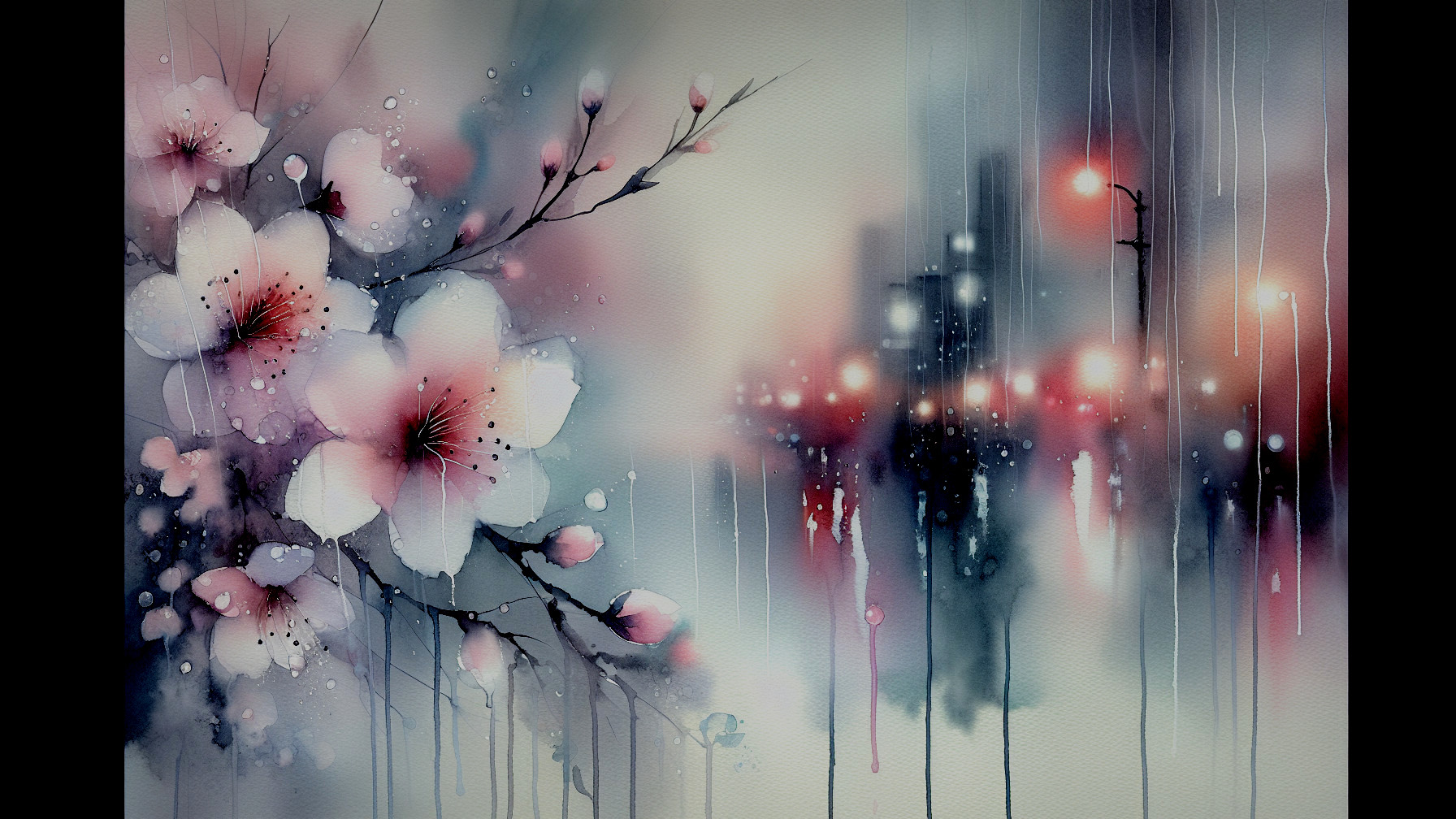 Watercolor Painting of Cherry Blossoms and Cityscape