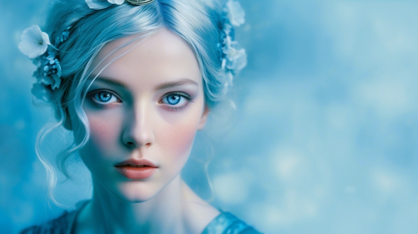 Young woman with blue hair and flower adornments