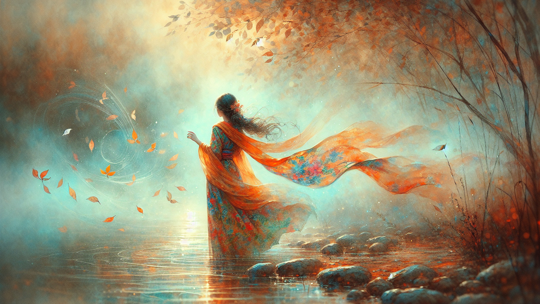 Dreamlike Scene by a Misty Lake with Glowing Foliage