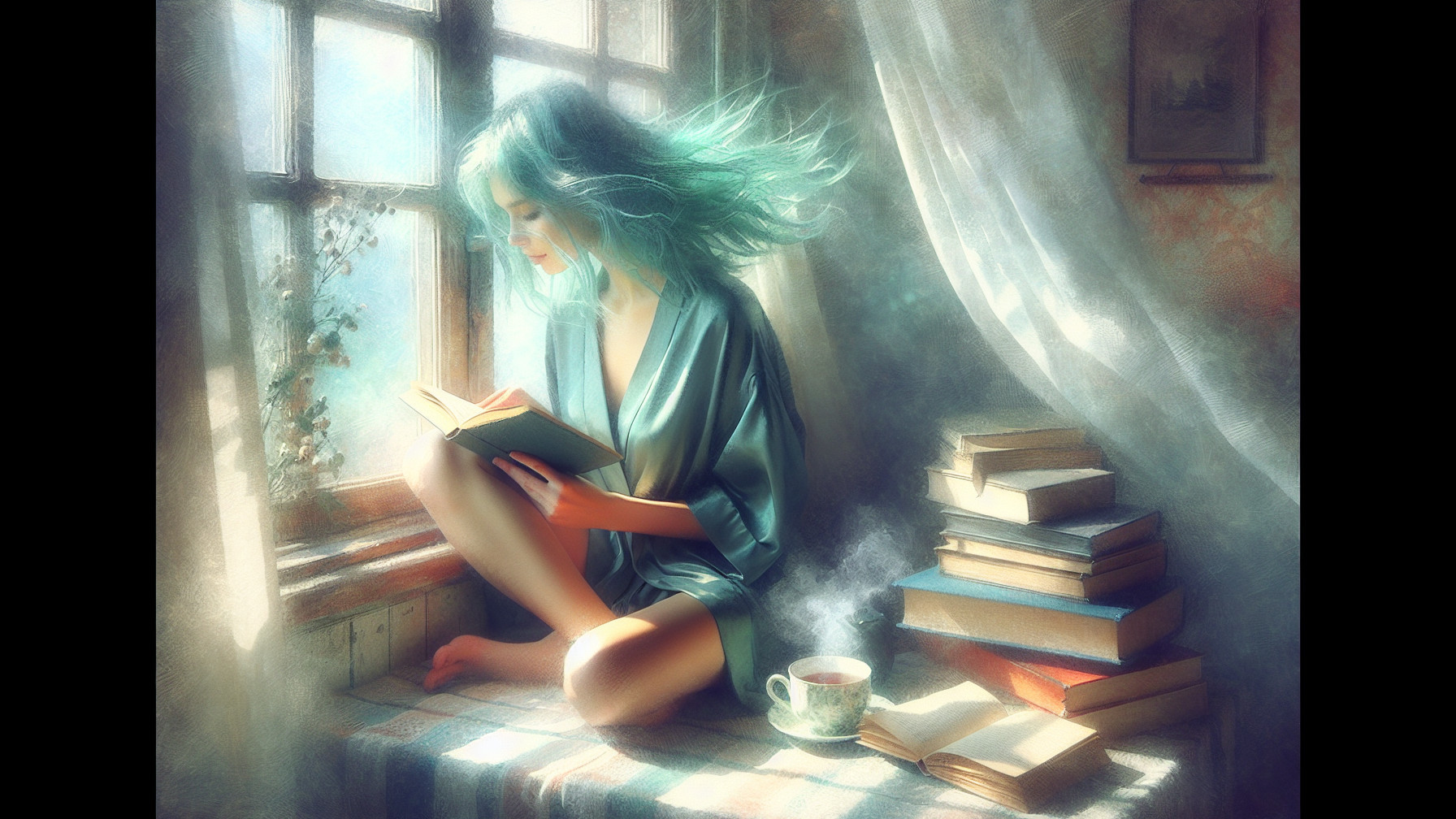Sunlit Room with Woman Reading and Cozy Ambiance