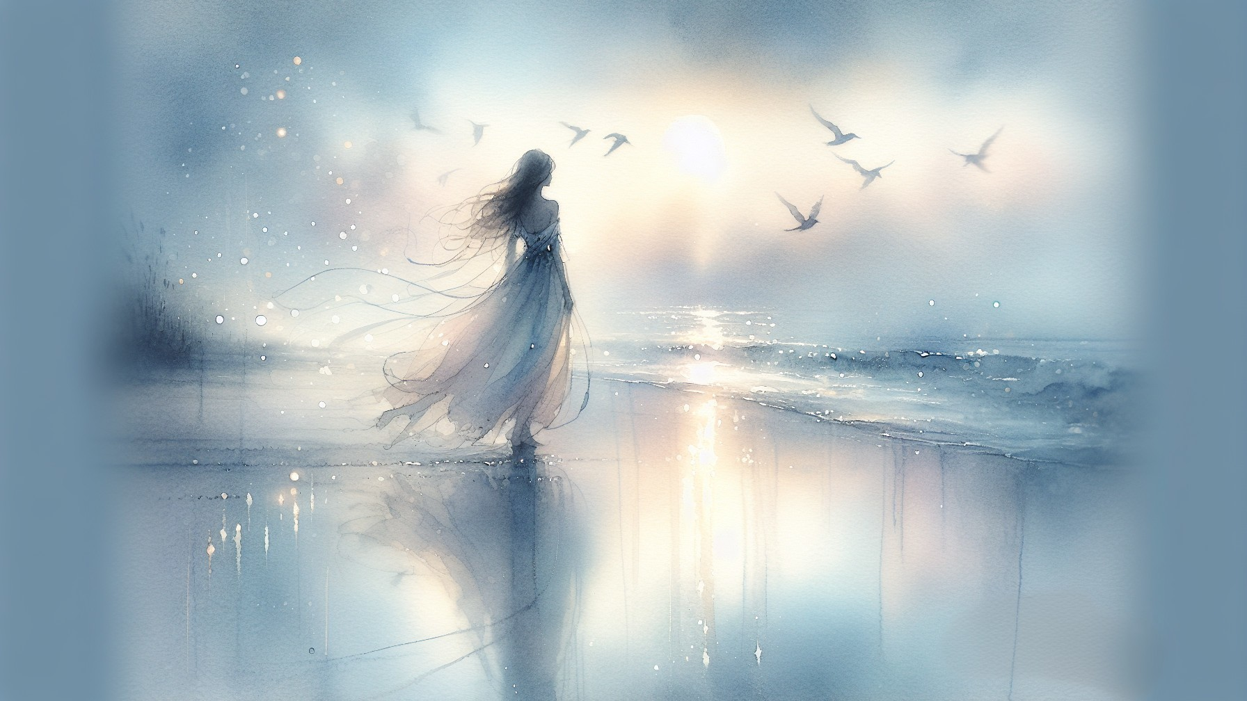 Twilight Watercolor Scene of Woman by the Shore