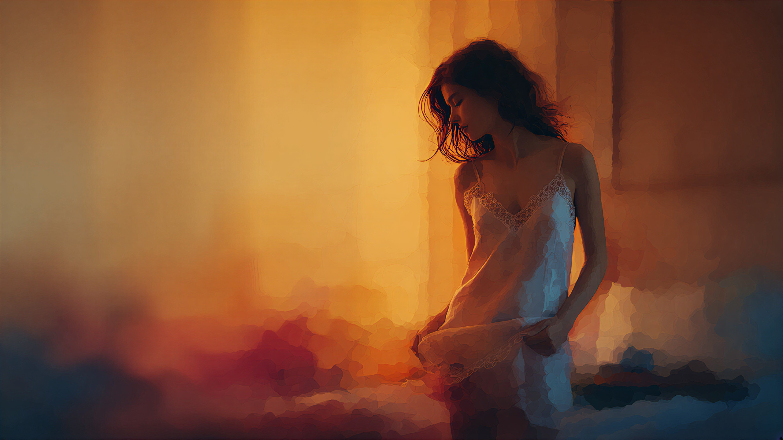 Thoughtful Woman in Softly Lit Nightgown Scene