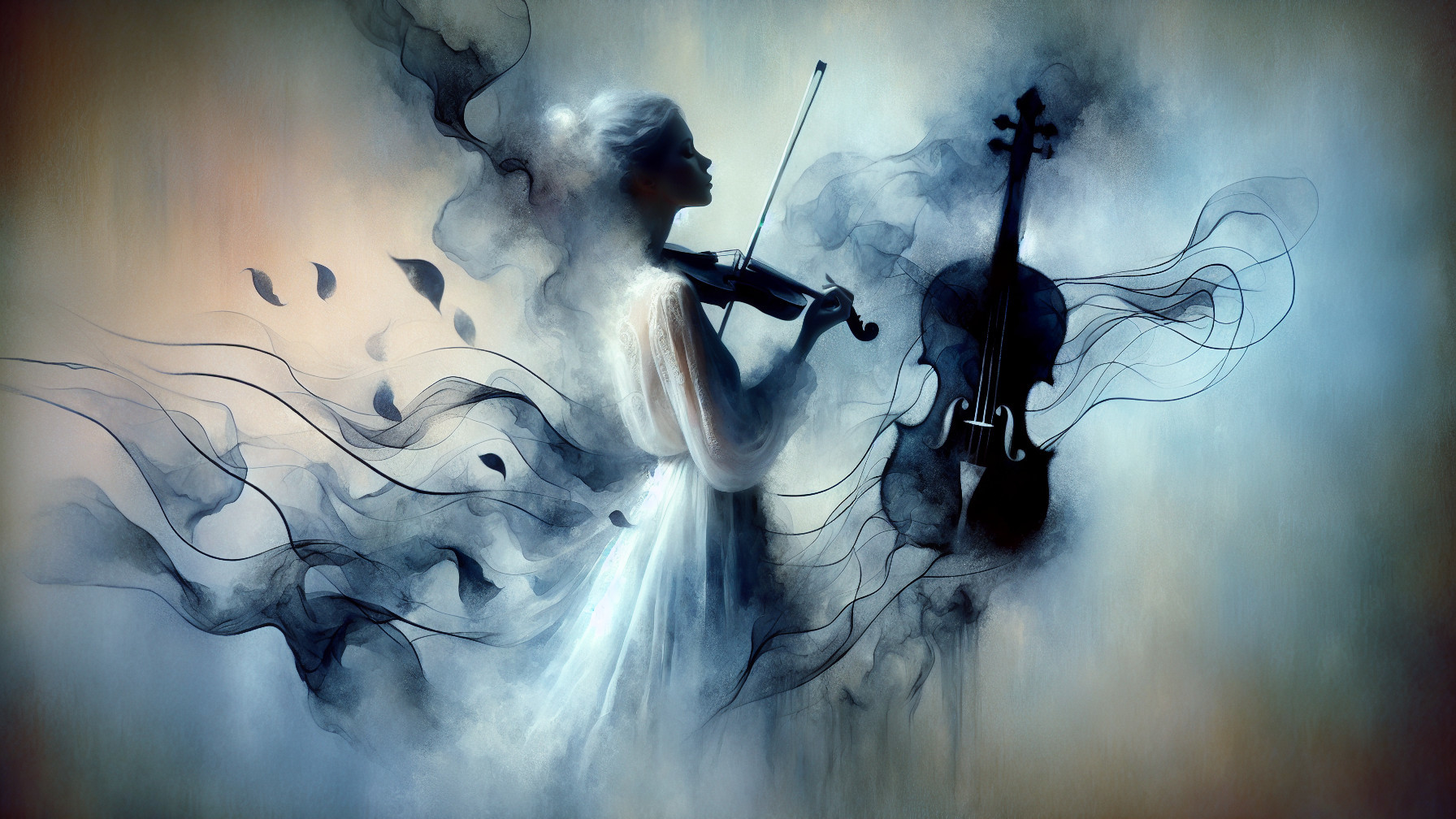Ethereal Violinist Surrounded by Mist and Leaves