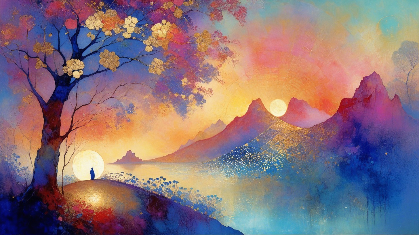 Twilight Landscape with Vibrant Sky and Majestic Mountains