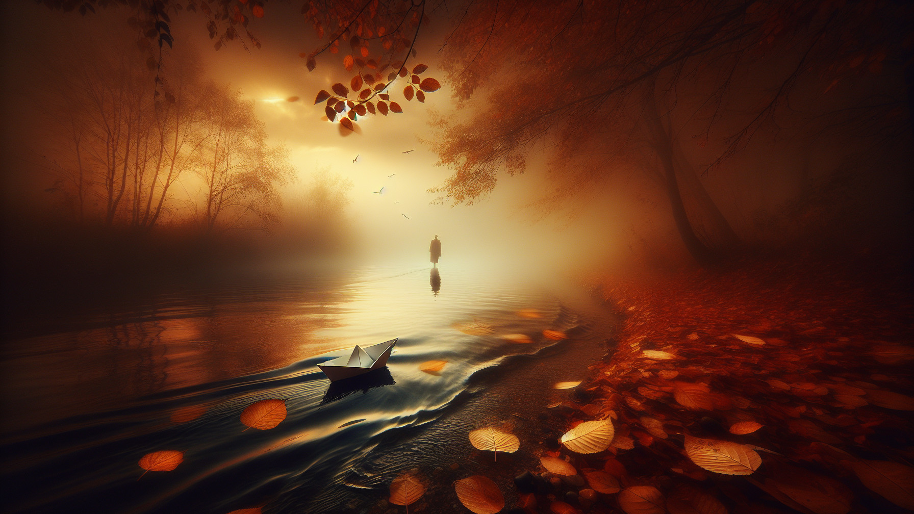 Autumn River Scene with Mist and Colorful Leaves