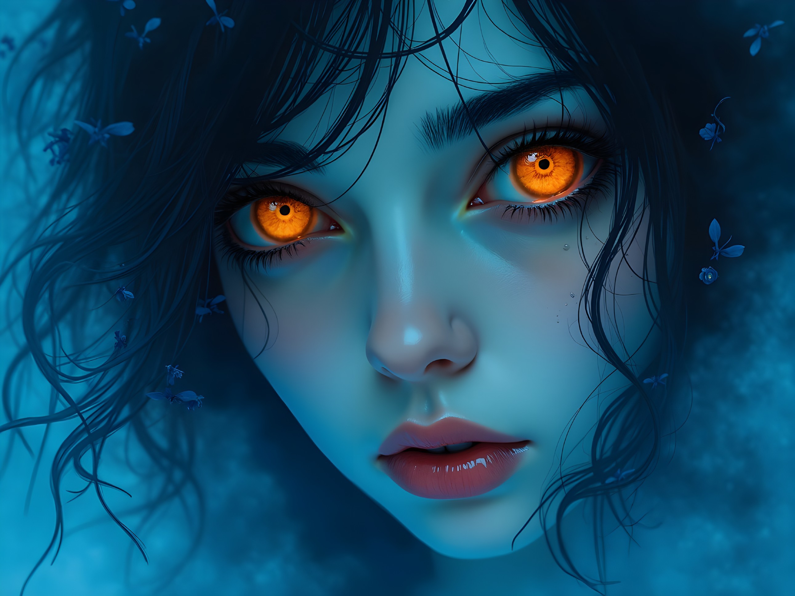 Portrait of a Young Woman with Orange Eyes and Flowers