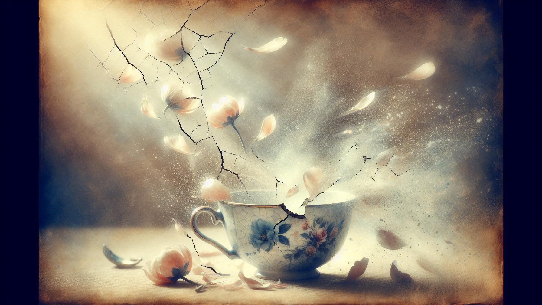 Delicate Floral Porcelain Teacup with Cracks and Petals