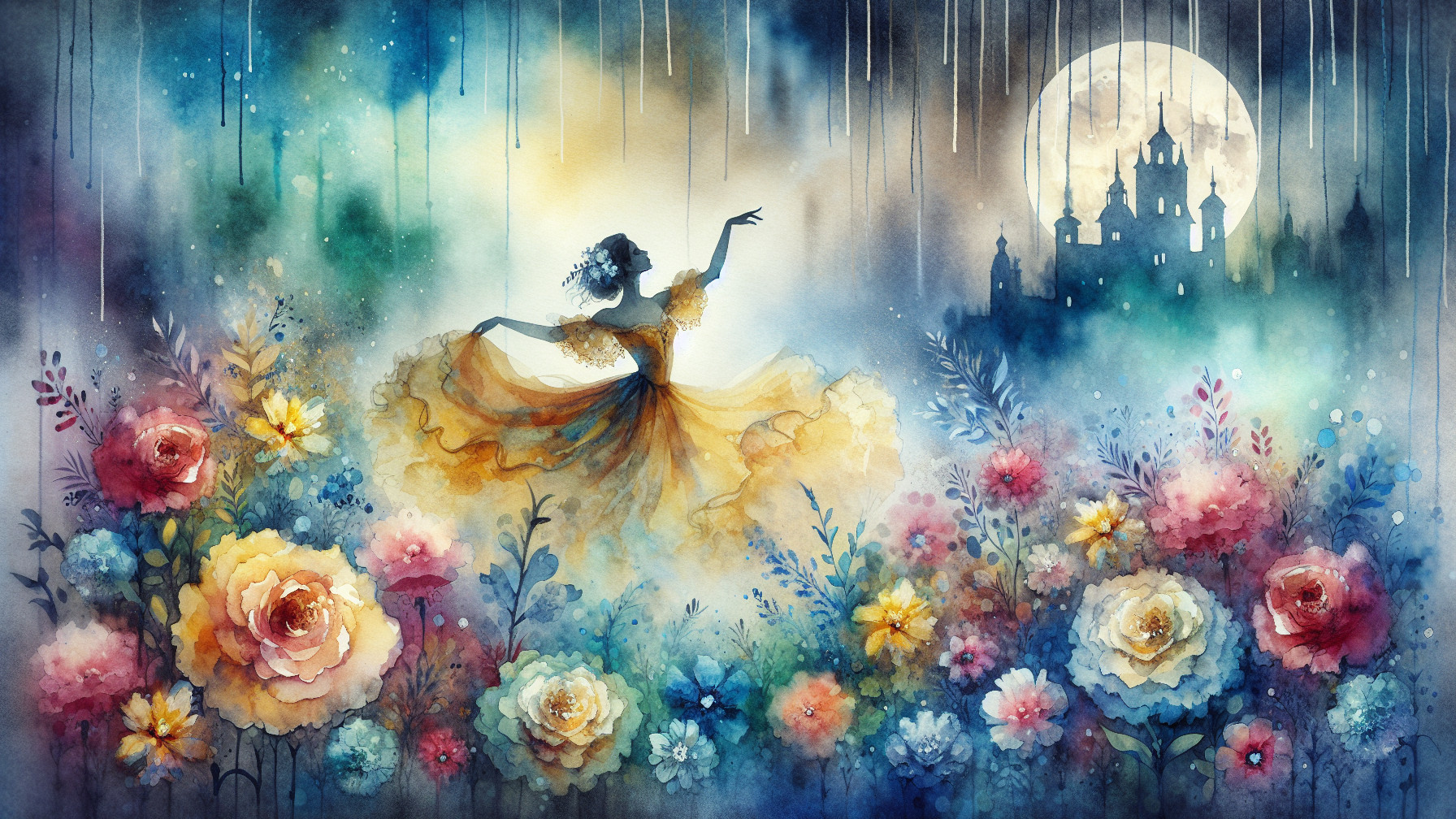 Whimsical Watercolor Dancer Among Flowers and Castle