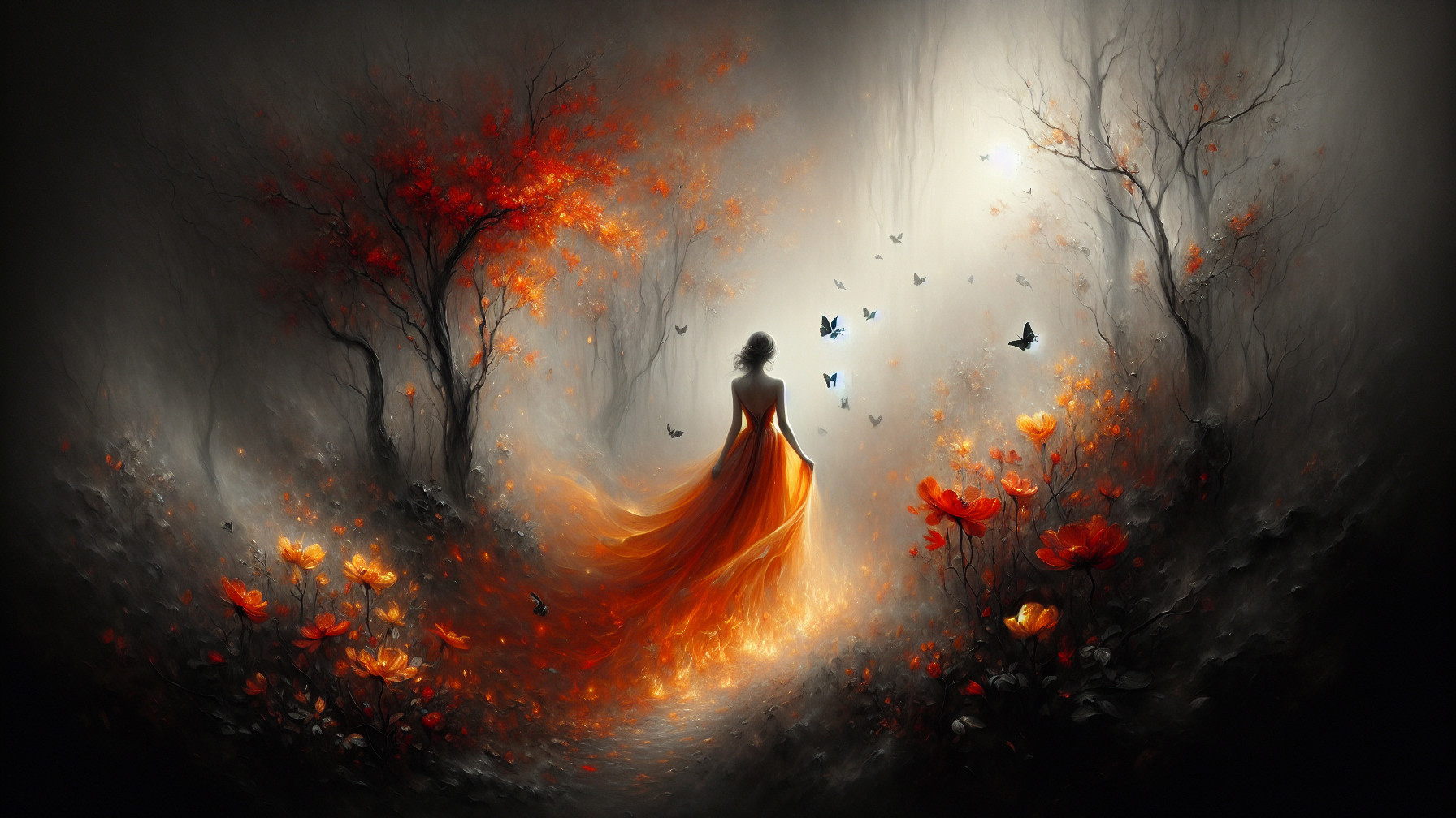 Mysterious Figure in Orange Dress in Dreamlike Landscape