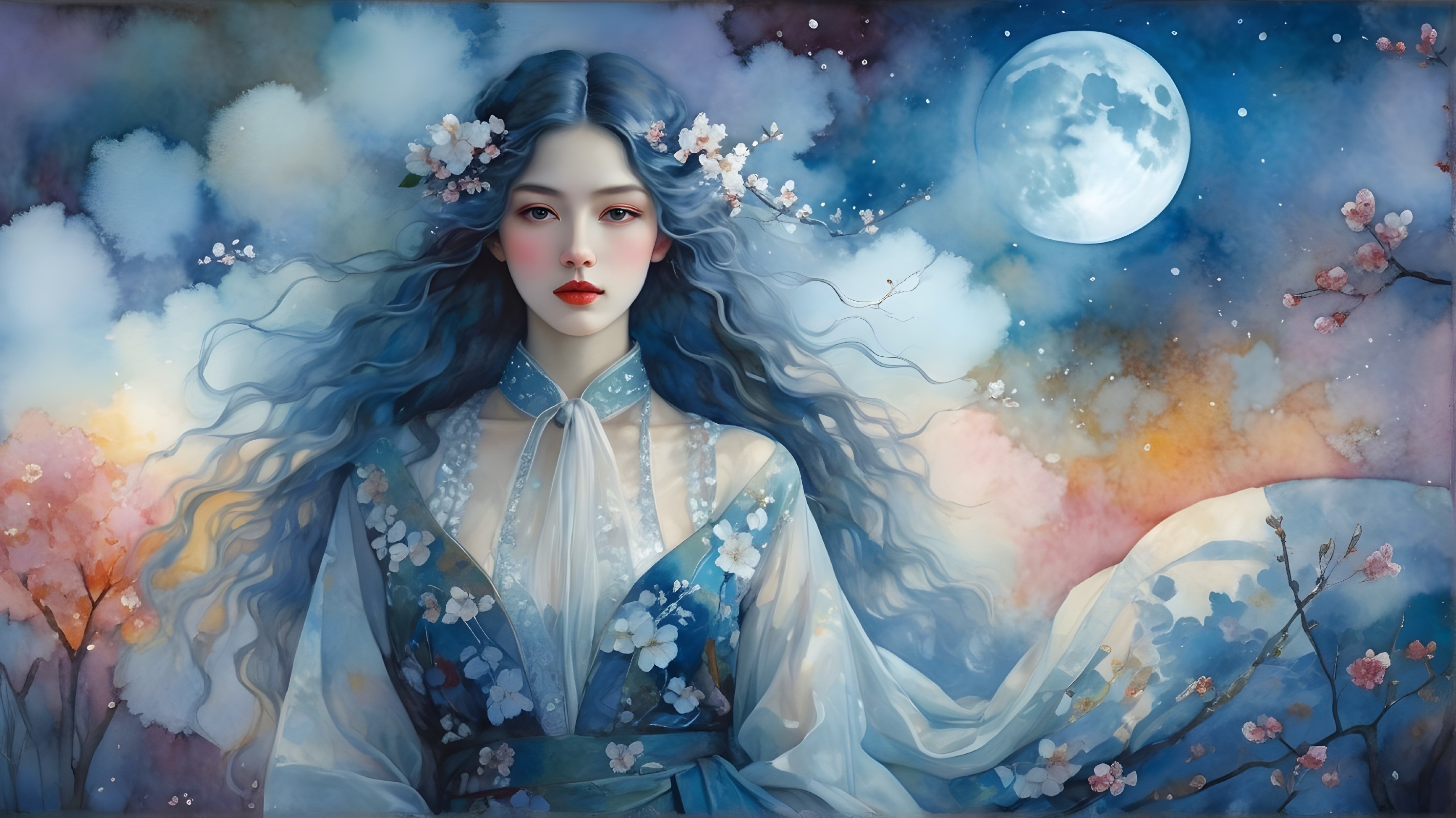 Portrait of a woman with flowers and cherry blossoms