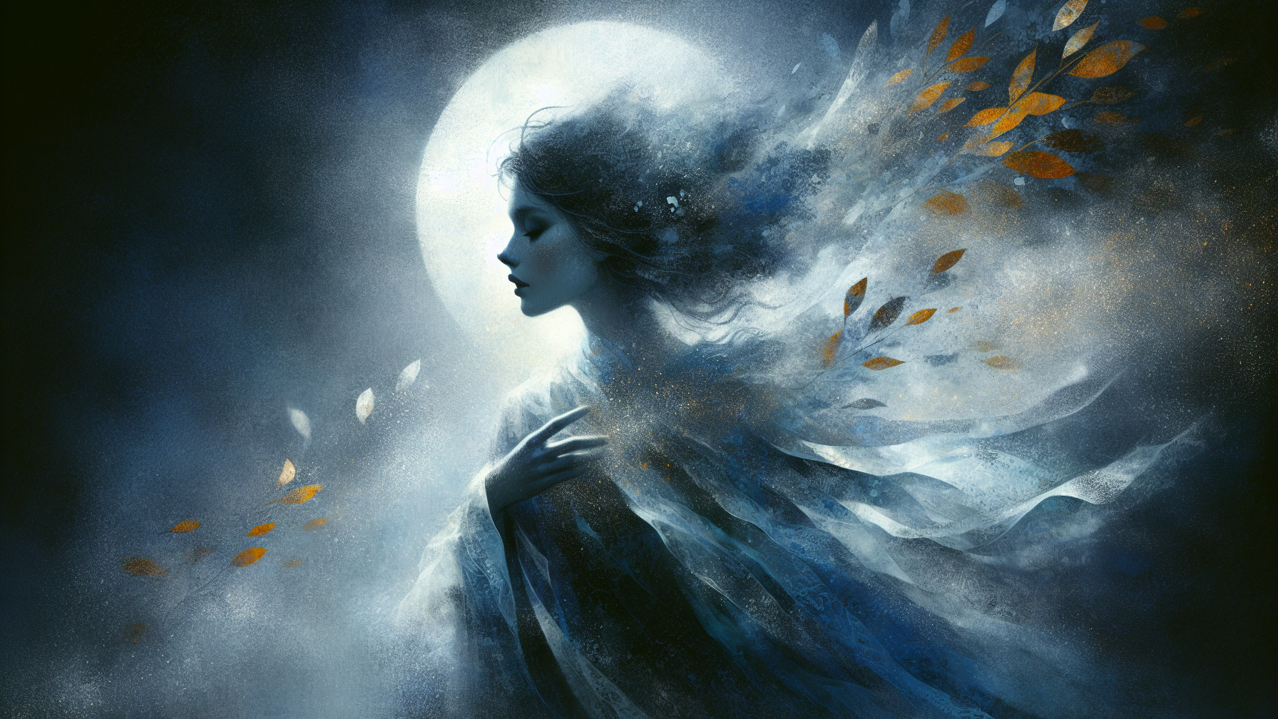 Mystical figure in ethereal fabric by glowing moon