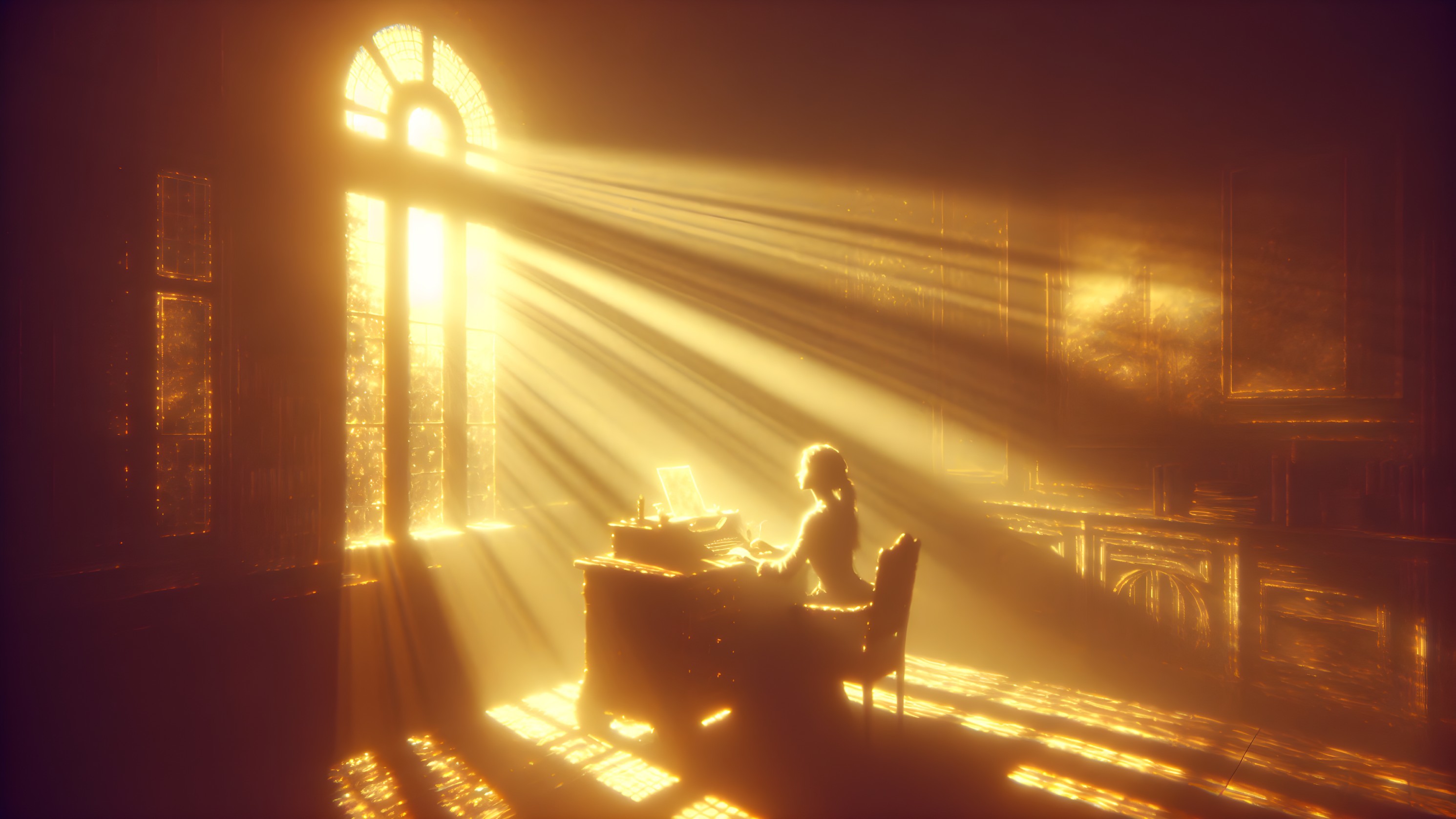 Serene Interior Scene with Warm Golden Light