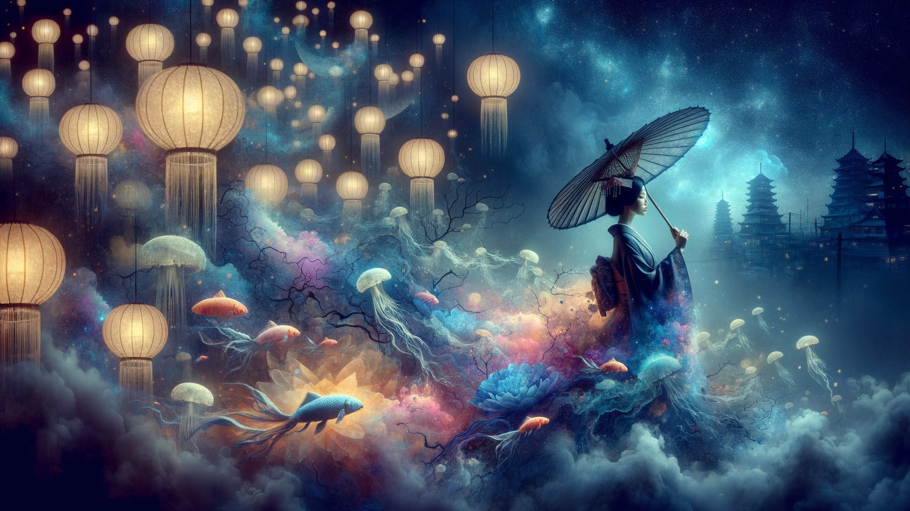 Dreamlike Scene with Traditional Attire and Lanterns