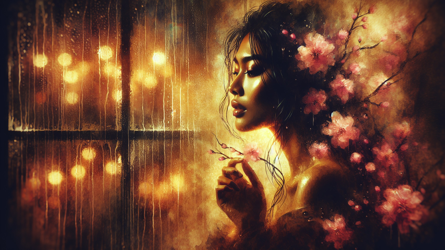 Serene Woman Profile with Blossoms and Soft Light