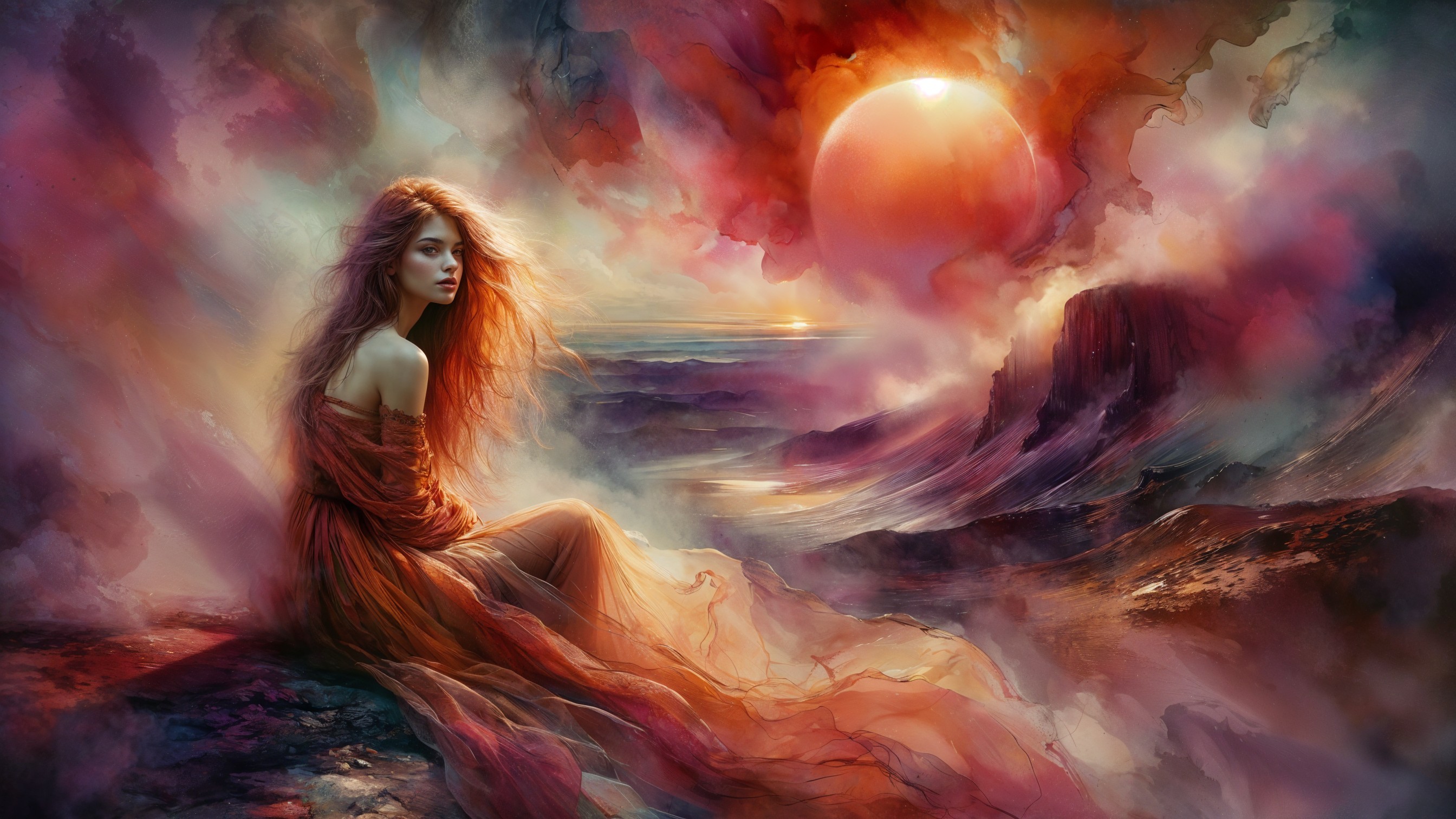 Mystical Scene with Figure in Red Amidst Vibrant Colors